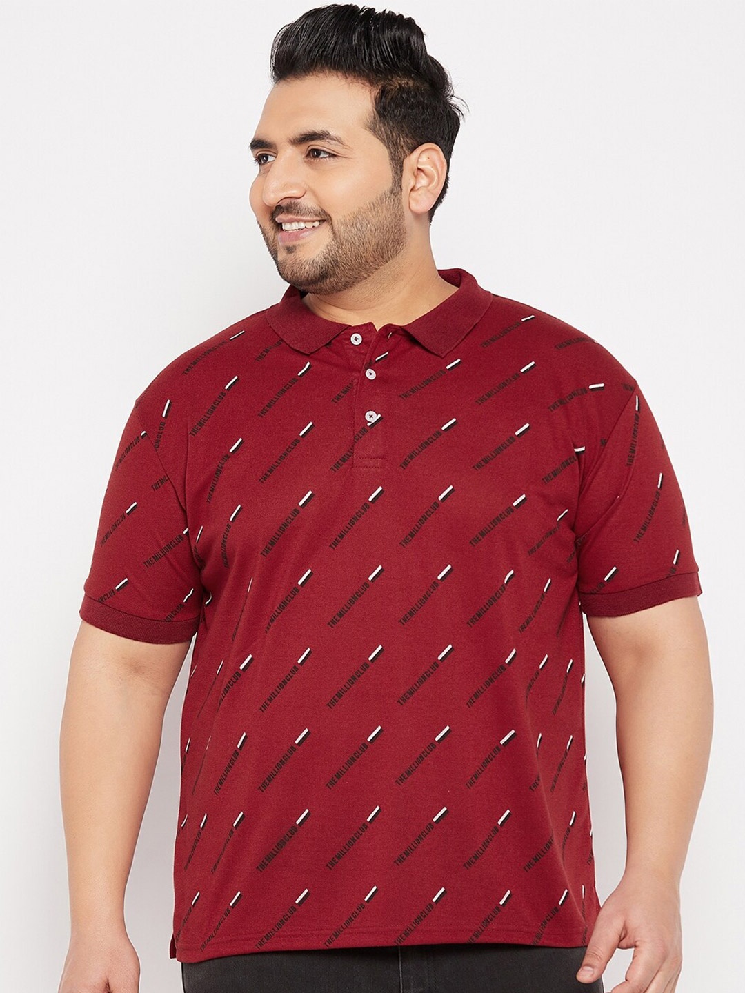 

THE MILLION CLUB Men Plus Size Typography Printed Polo Collar Cotton T-shirt, Maroon