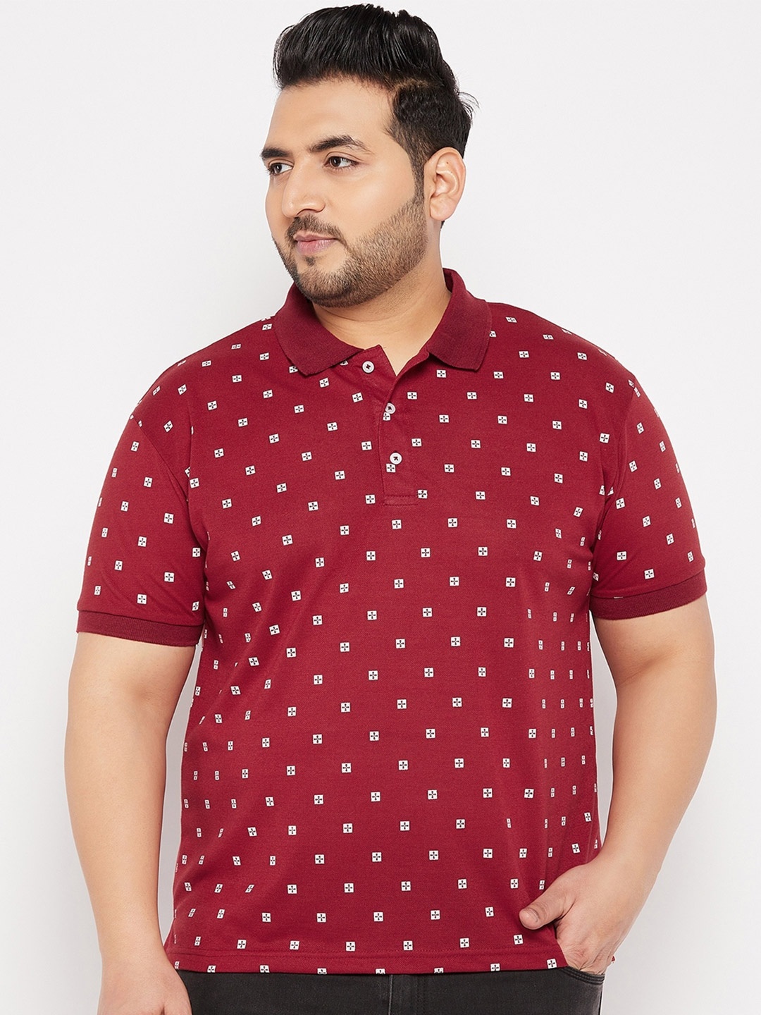 

THE MILLION CLUB Men Plus size Geometric Printed Polo Collar Cotton T-shirt, Maroon