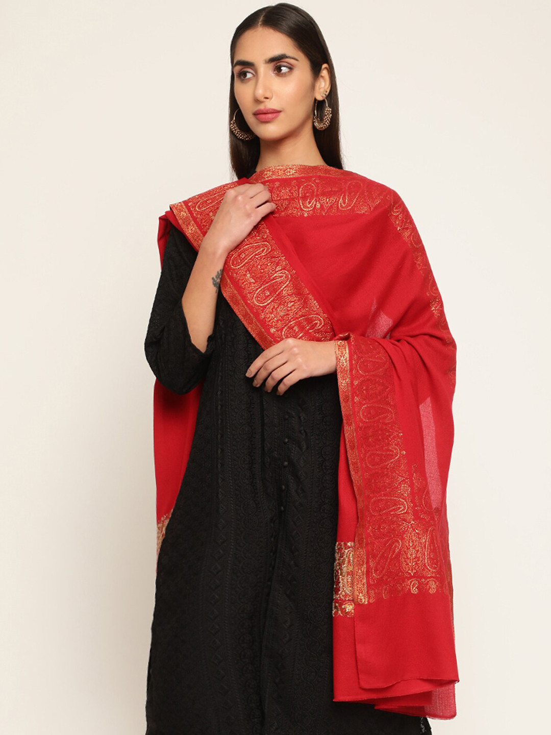 

La Vastraa Women Woven Design Pure Wool Shawl, Red