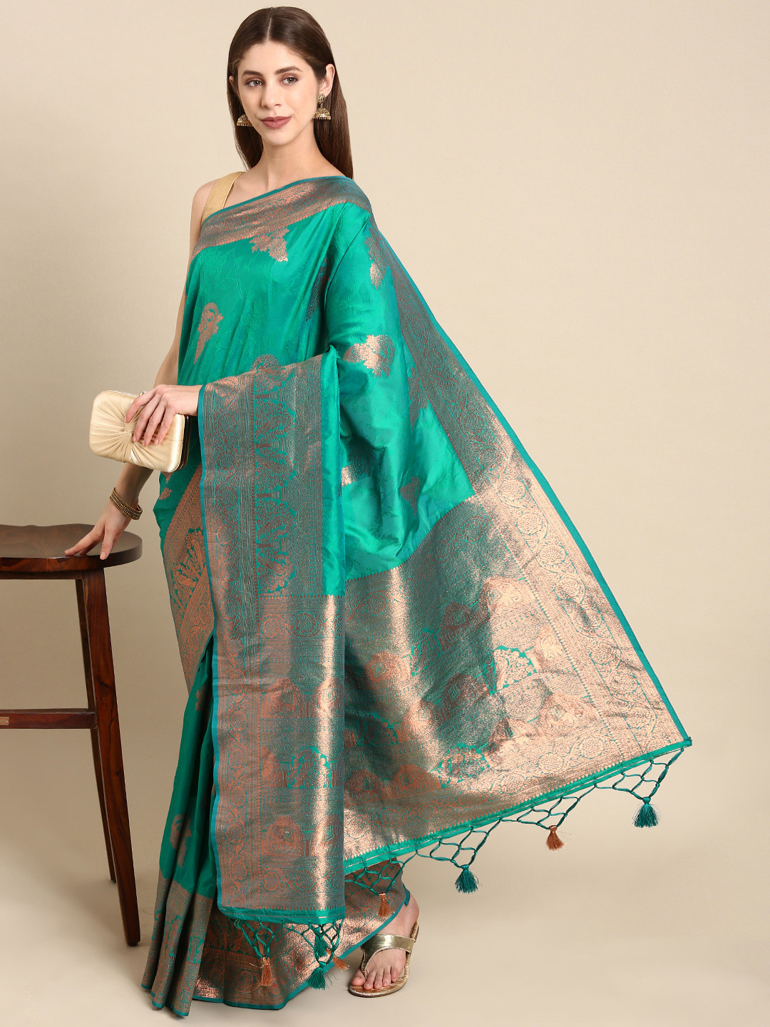 

APPLIX STYLE Ethnic Motifs Zari Pure Silk Banarasi Saree, Teal