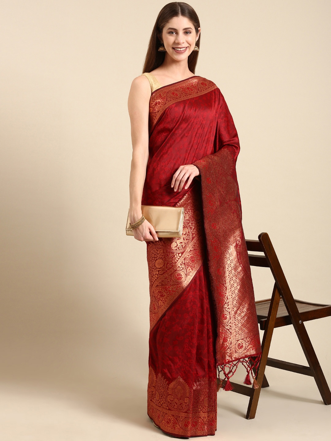 

APPLIX STYLE Woven Design Ethnic Motifs Zari Pure Silk Banarasi Saree, Maroon