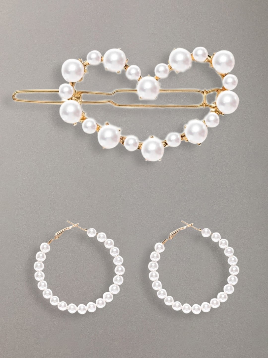 

OOMPH Pearls Studded Hoop Earrings & Heart Shape Hair Clip, Gold
