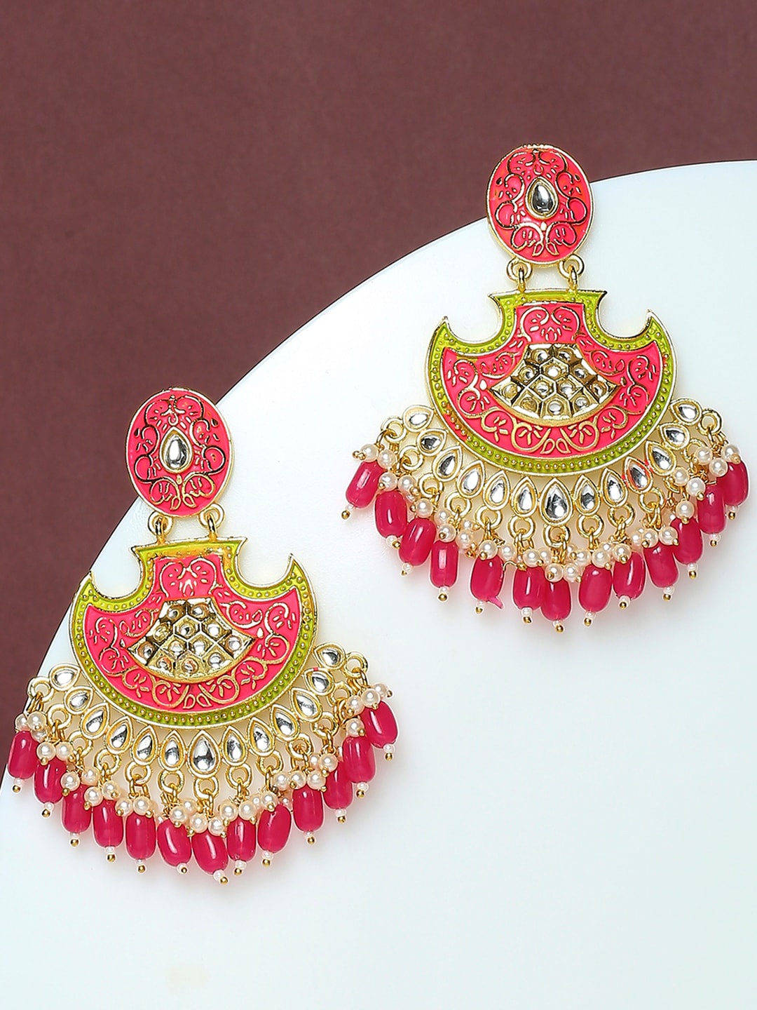 

OOMPH Women Gold-Plated Floral Chandbalis Earrings, Pink