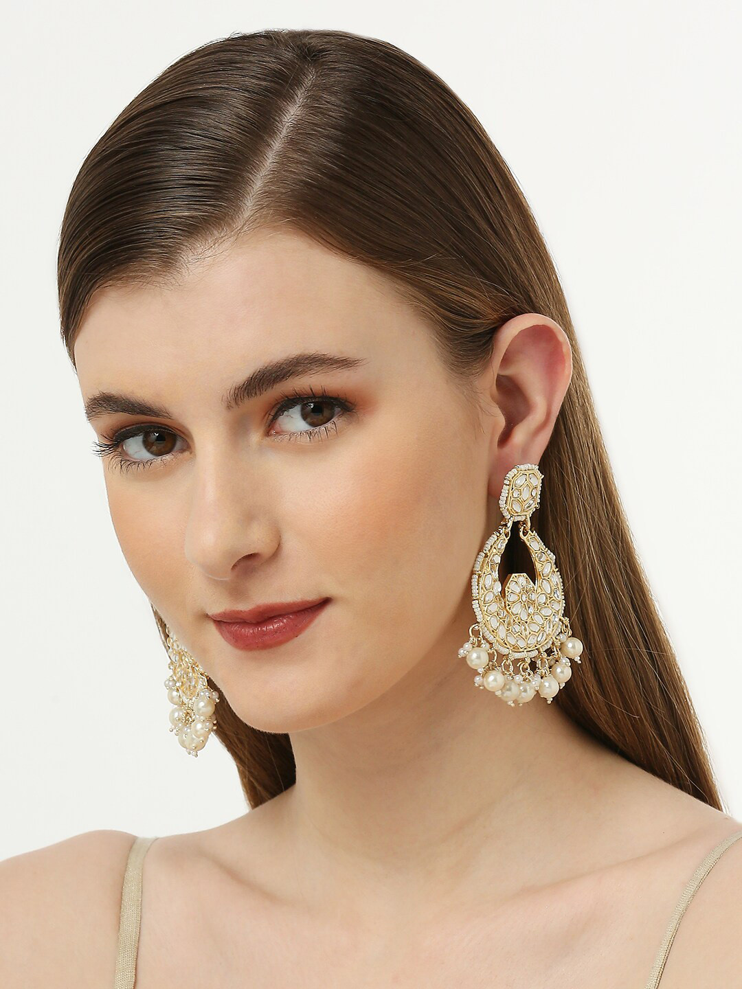 

OOMPH Gold Plated Kundan Studded Contemporary Chandbalis Earrings