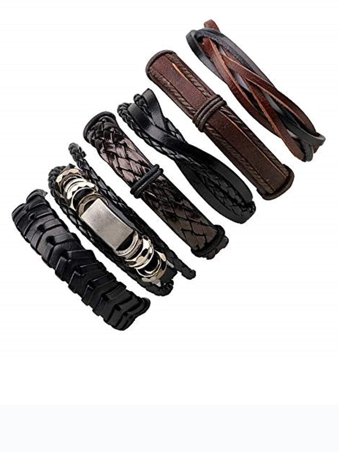

OOMPH Men Pack of 6 Leather Wraparound Bracelet, Black