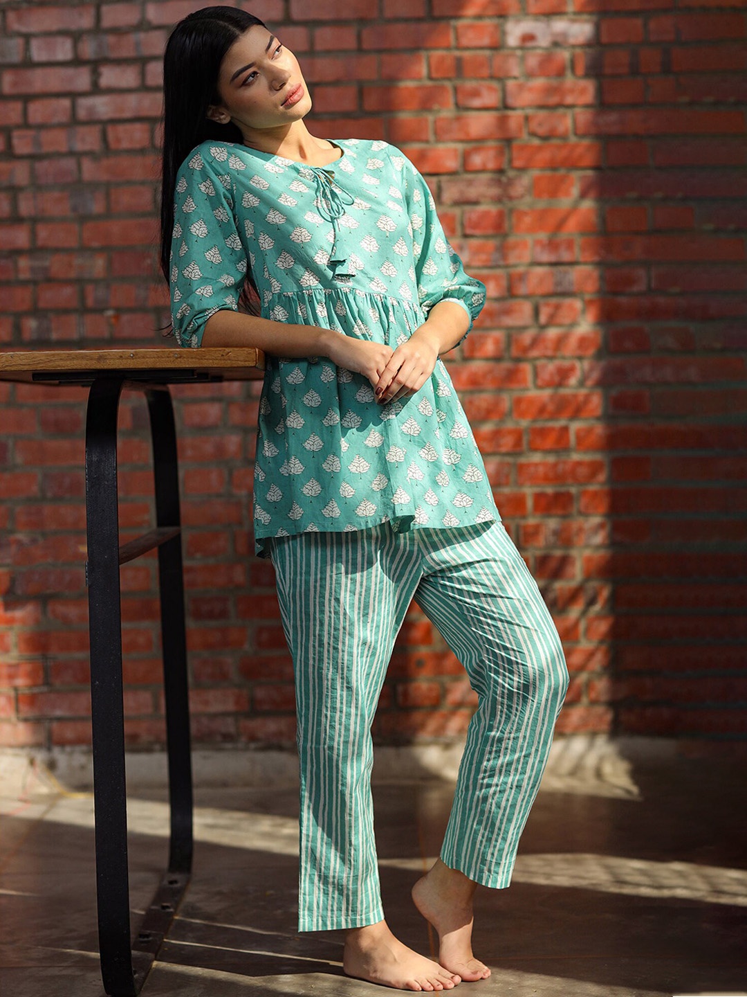 

JISORA Women Printed Printed Night suit, Turquoise blue