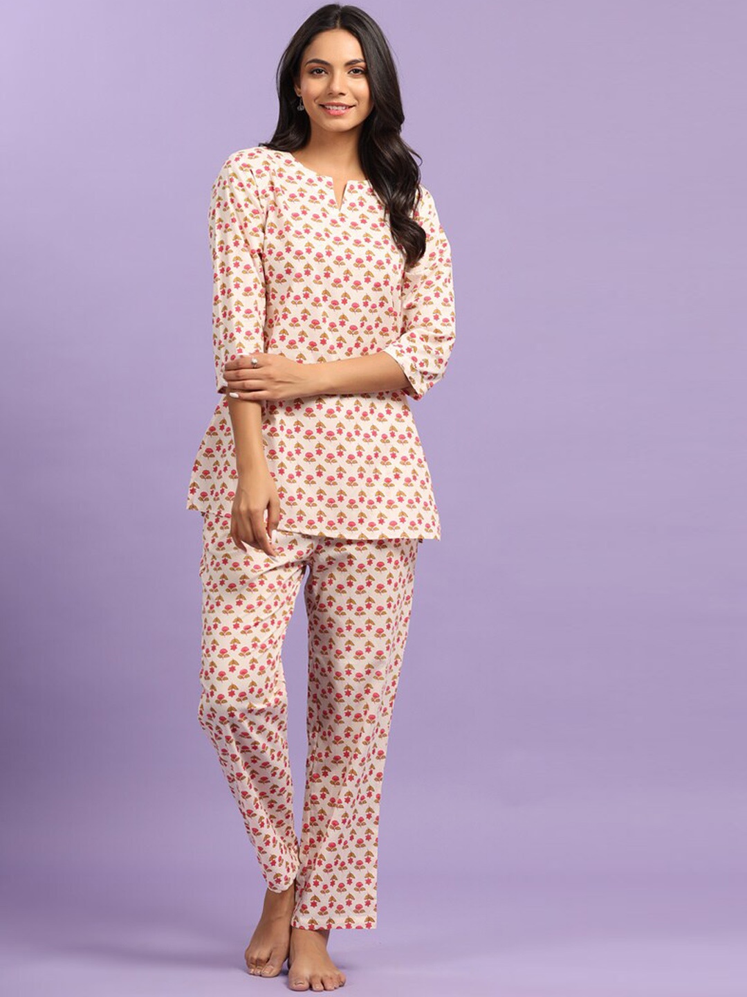 

JISORA Women Printed Pure Cotton Night suit, White