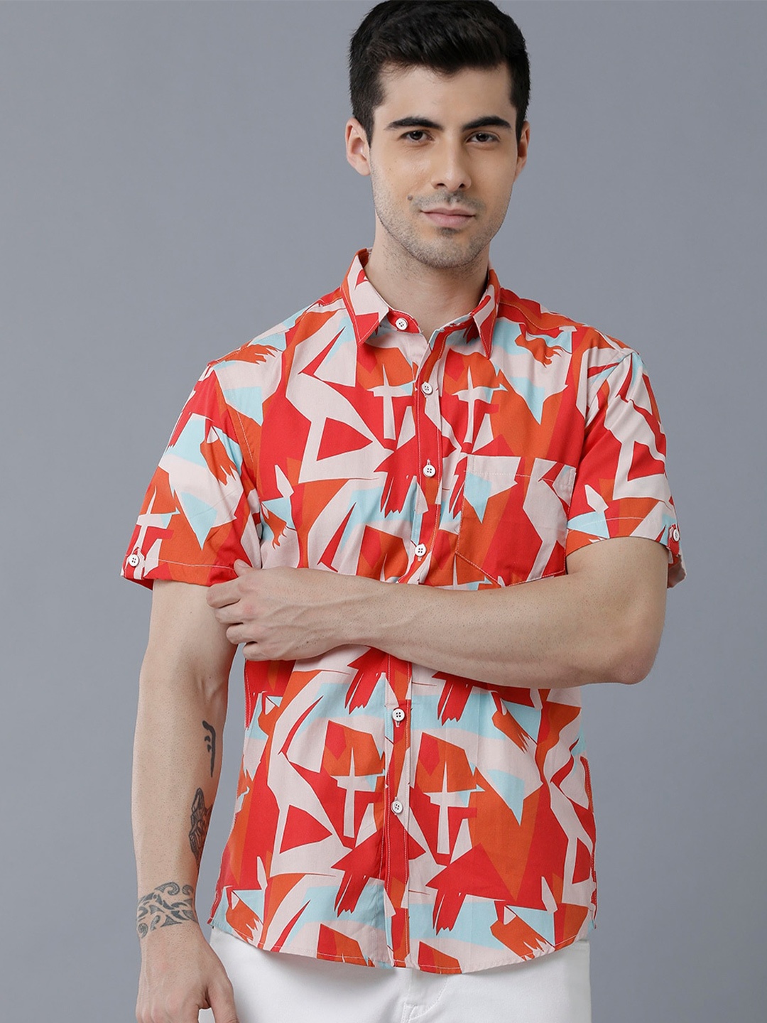 

YOVISH Men Slim Fit Printed Casual Cotton Shirt, Orange