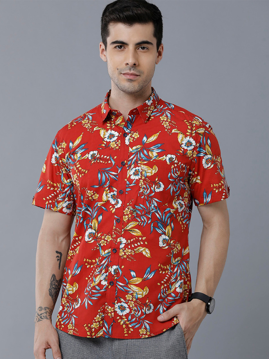 

YOVISH Men Slim Fit Floral Printed Casual Shirt, Red