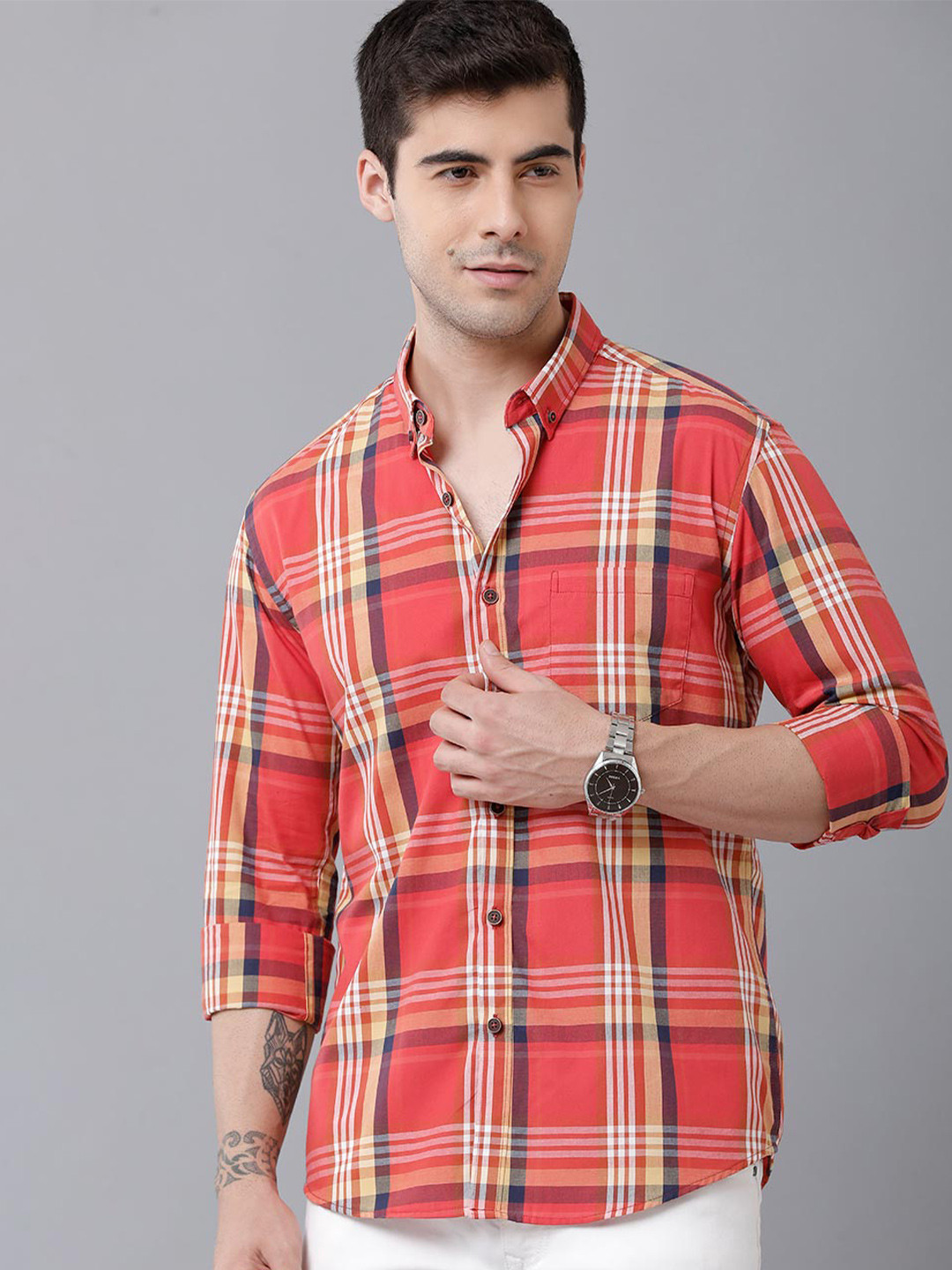 

YOVISH Men Premium Slim Fit Tartan Checked Casual Cotton Shirt, Red