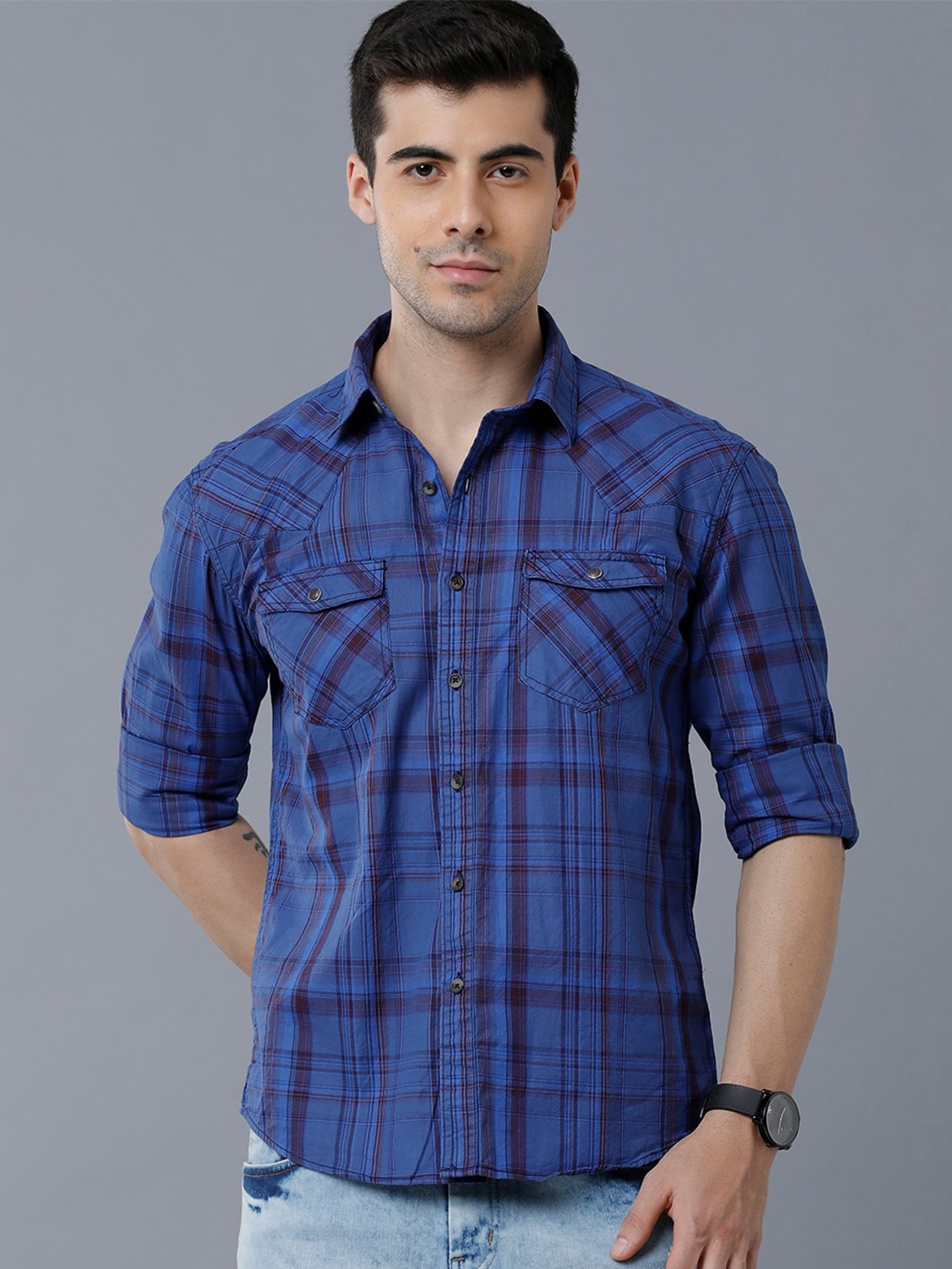 

YOVISH Men Checked Casual Cotton Shirt, Blue