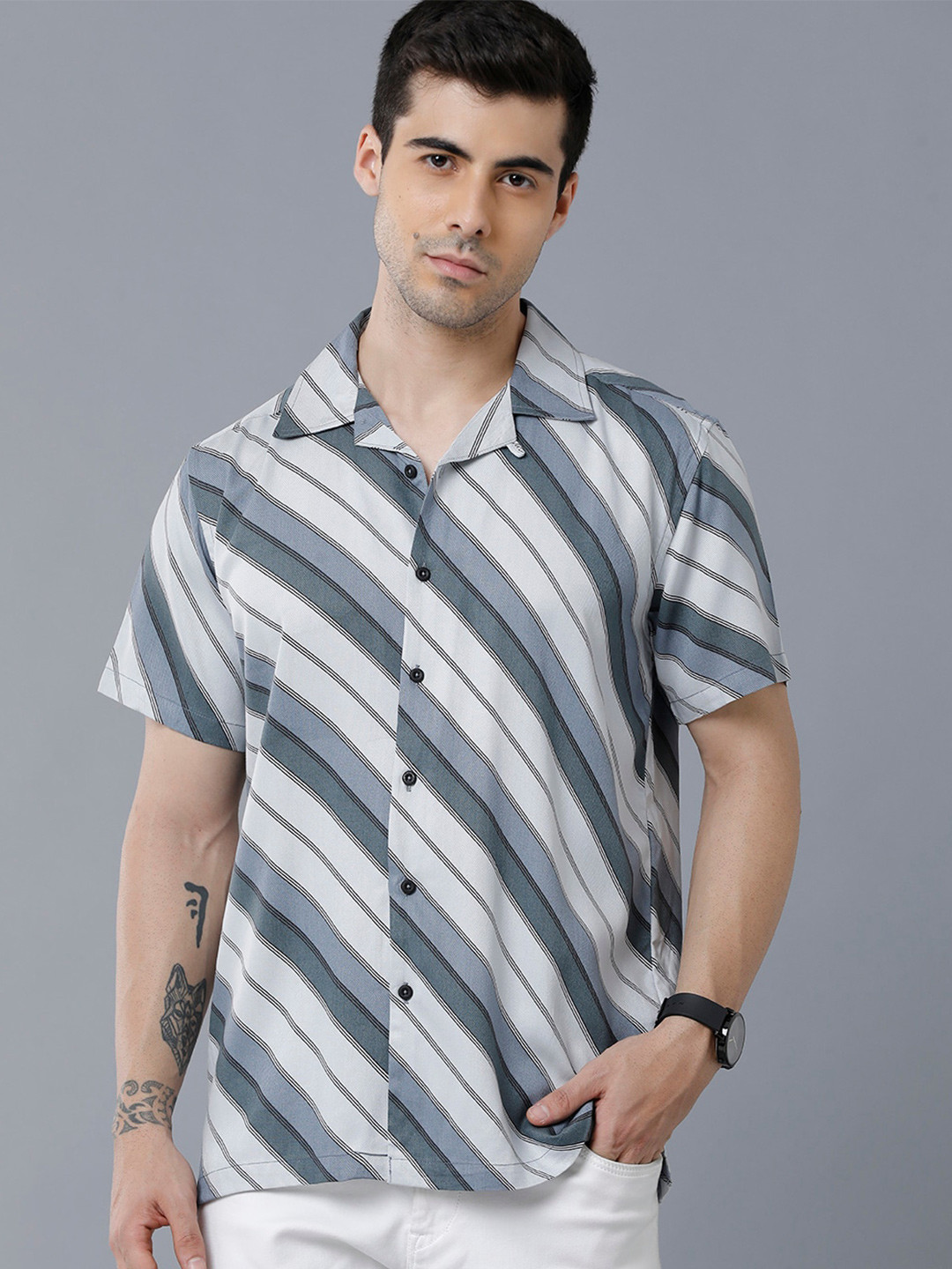 

YOVISH Men Striped Casual Cotton Shirt, Grey