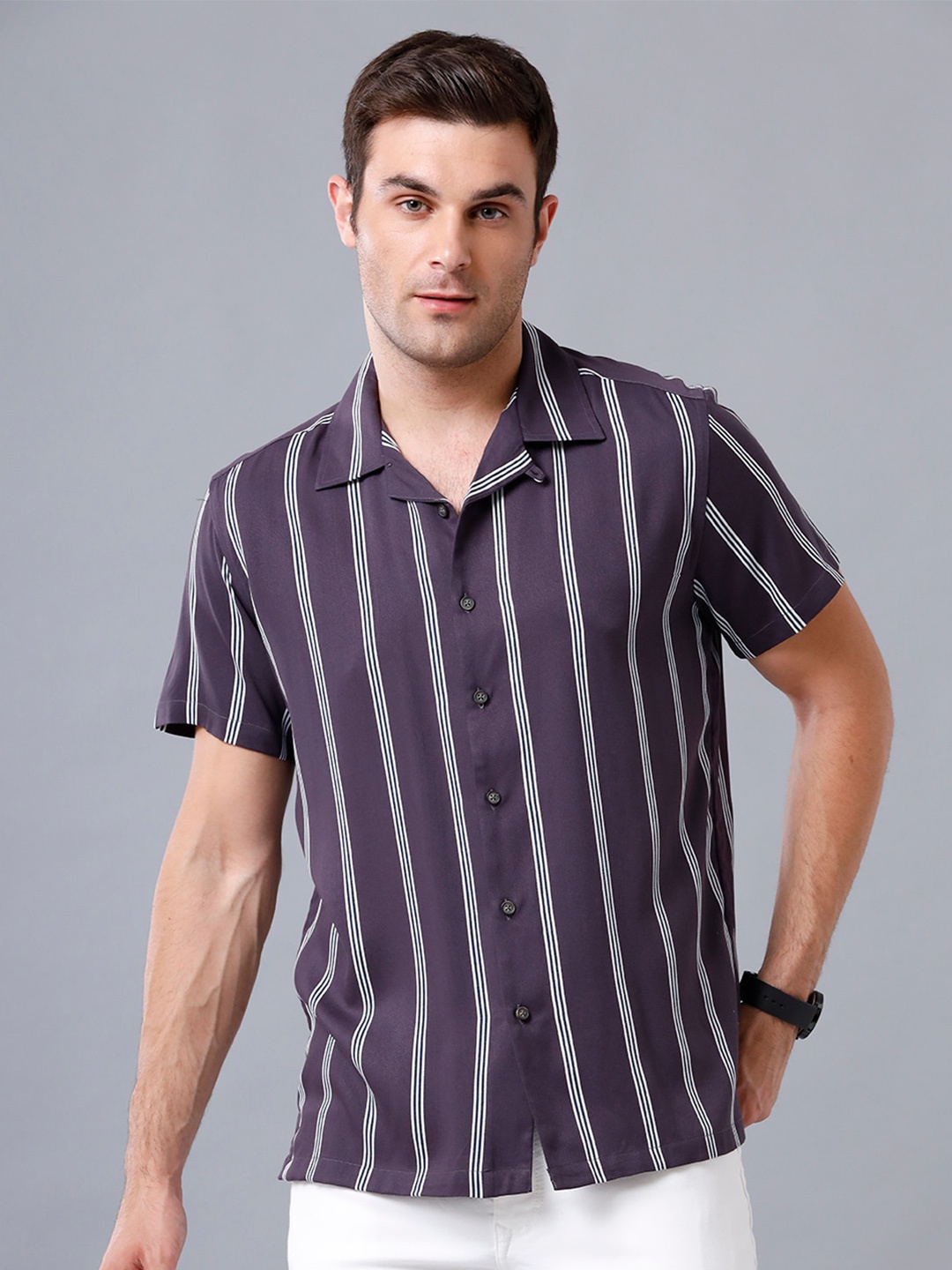 

YOVISH Men Premium Slim Fit Striped Casual Cotton Shirt, Navy blue