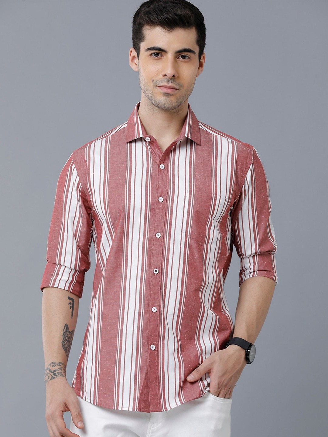 

YOVISH Men Premium Slim Fit Striped Casual ShCotton irt, Brown