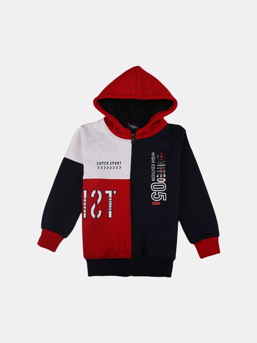 

V-Mart Boys Colourblocked Hooded Wool Front-Open Sweatshirt, Navy blue