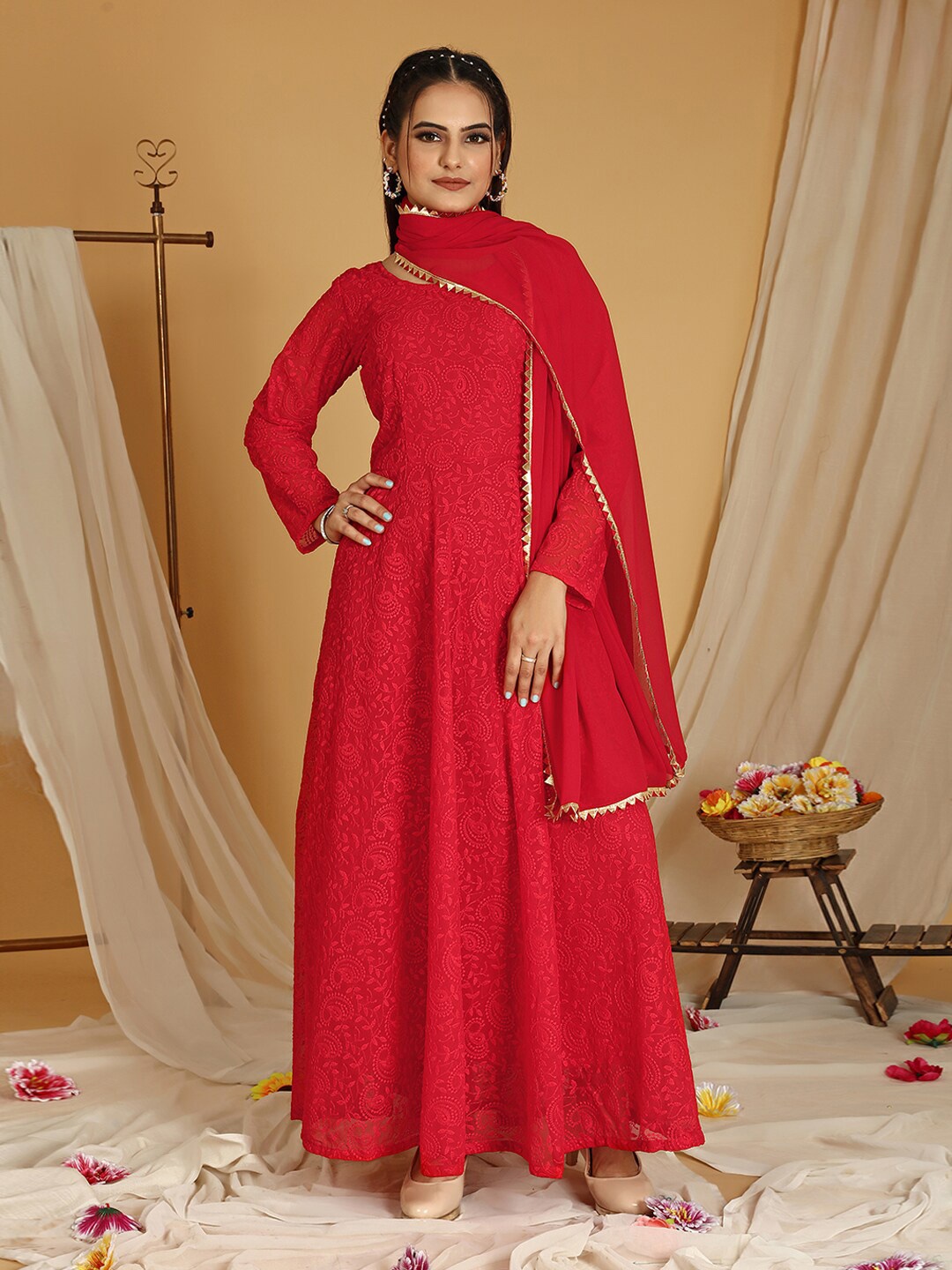 

Virah Fashion Red Georgette A-Line Midi Dress