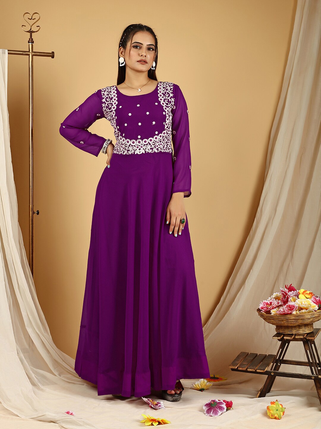 

Virah Fashion Embroidered Georgette Ethnic A-Line Ethnic Dress, Violet
