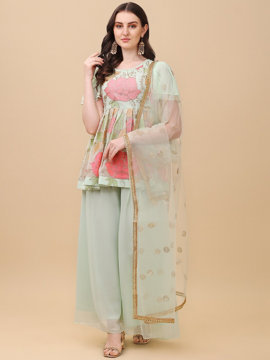 

Virah Fashion Floral Embroidered Kurti with Palazzos & Dupatta, Green
