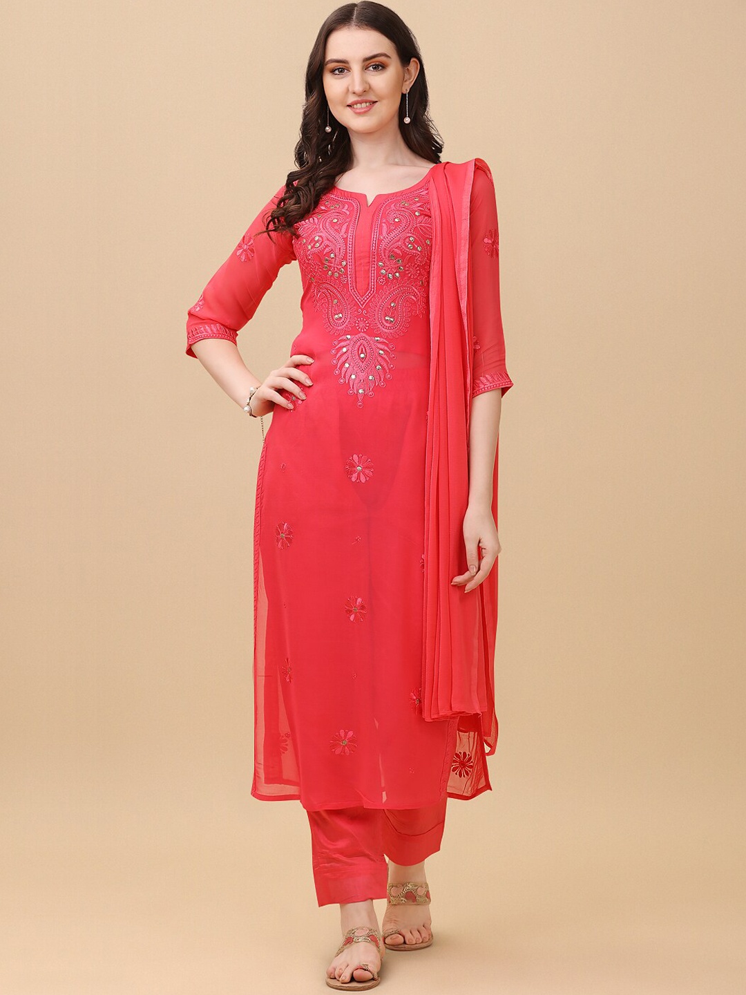 

Virah Fashion Ethnic Motifs Embroidered Kurta with Trousers & Dupatta, Red