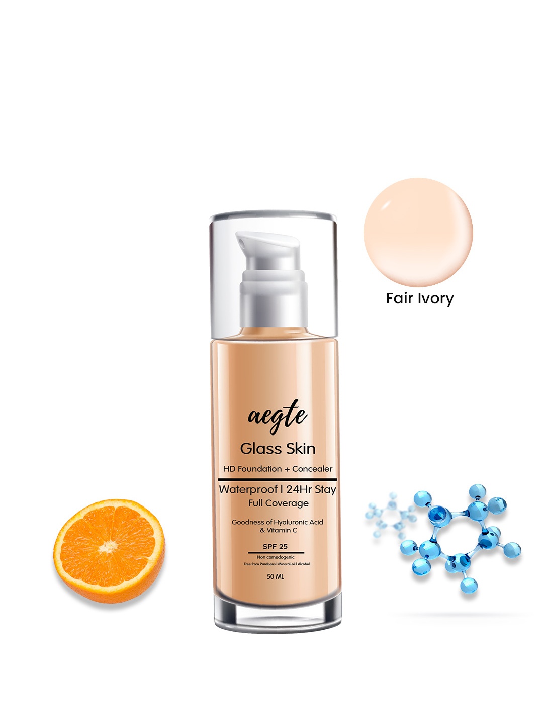

Aegte Glass Skin SPF 25 Matte Liquid HD Foundation & Concealer with Hyaluronic Acid & Vitamin C 30 ml - Fair Ivory, Beige