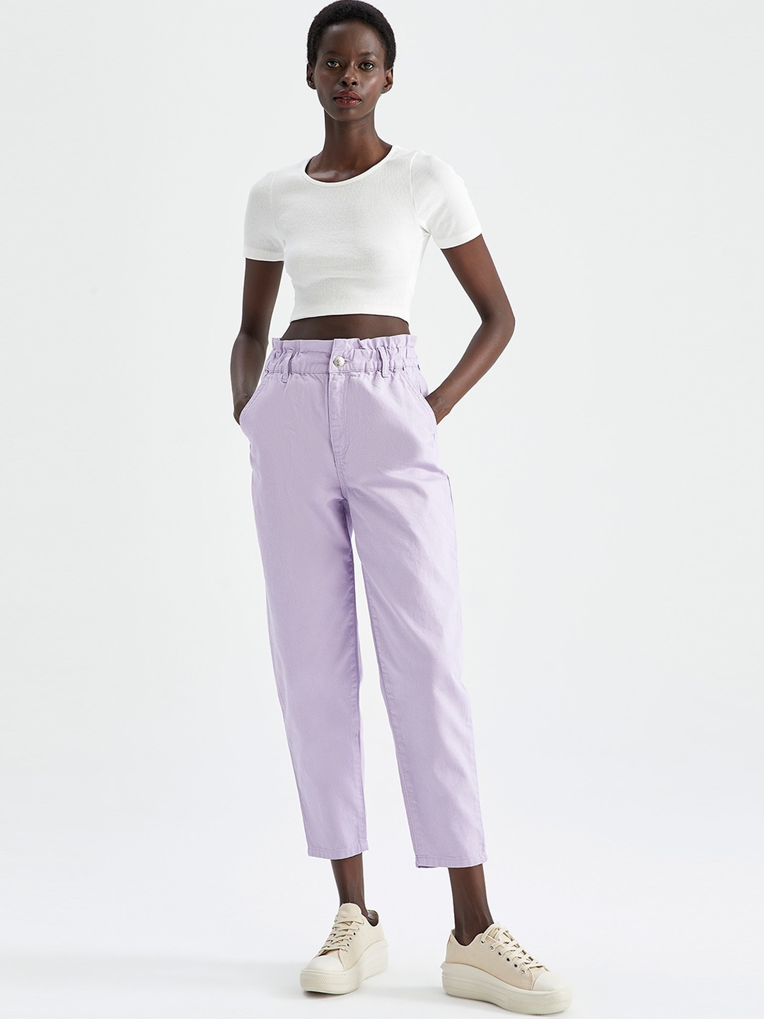 

DeFacto Women High Rise Pure Cotton Trousers, Lavender