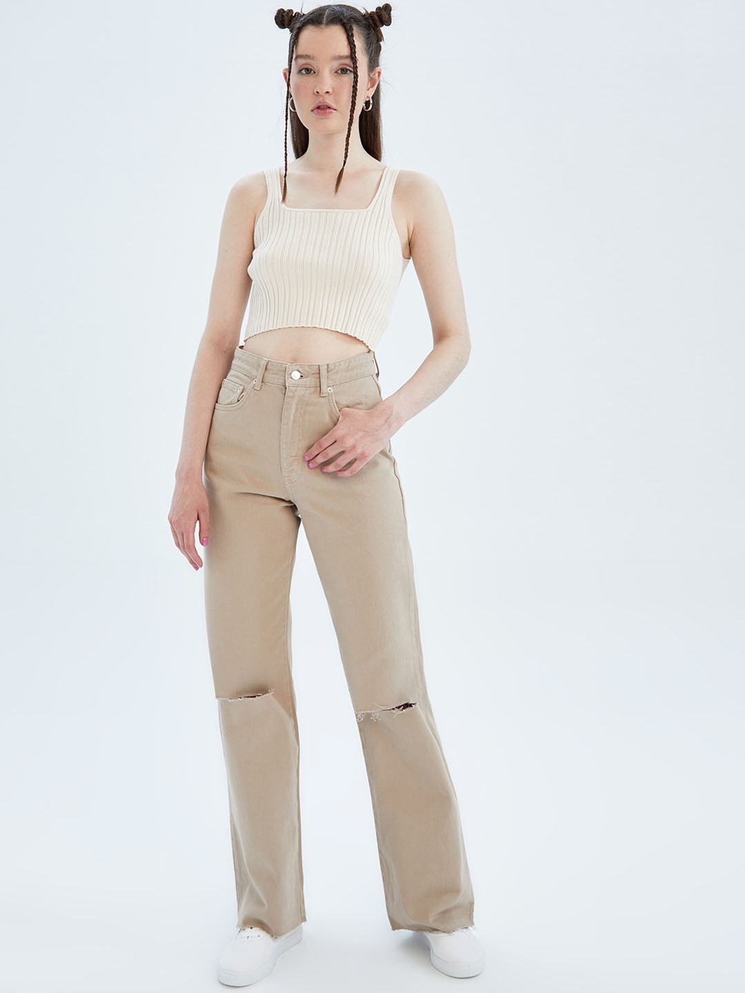 

DeFacto Women Mid-Rise Regular Fit Pure Cotton Trousers, Beige
