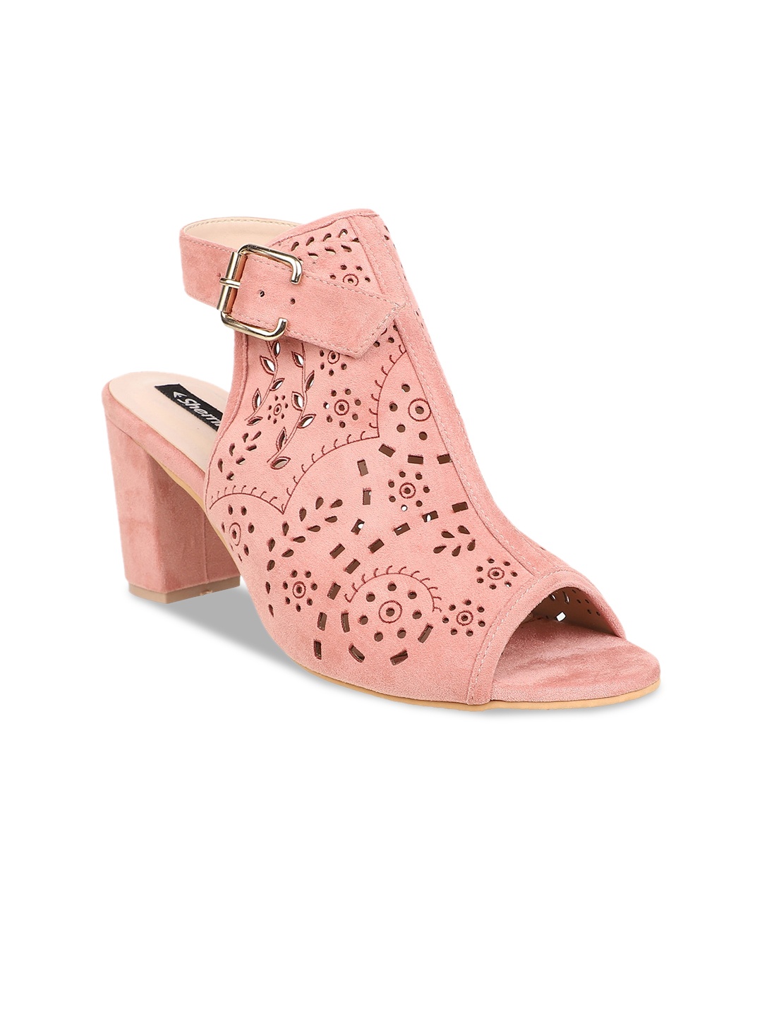 

Sherrif Shoes Laser Cuts Block Heels, Pink