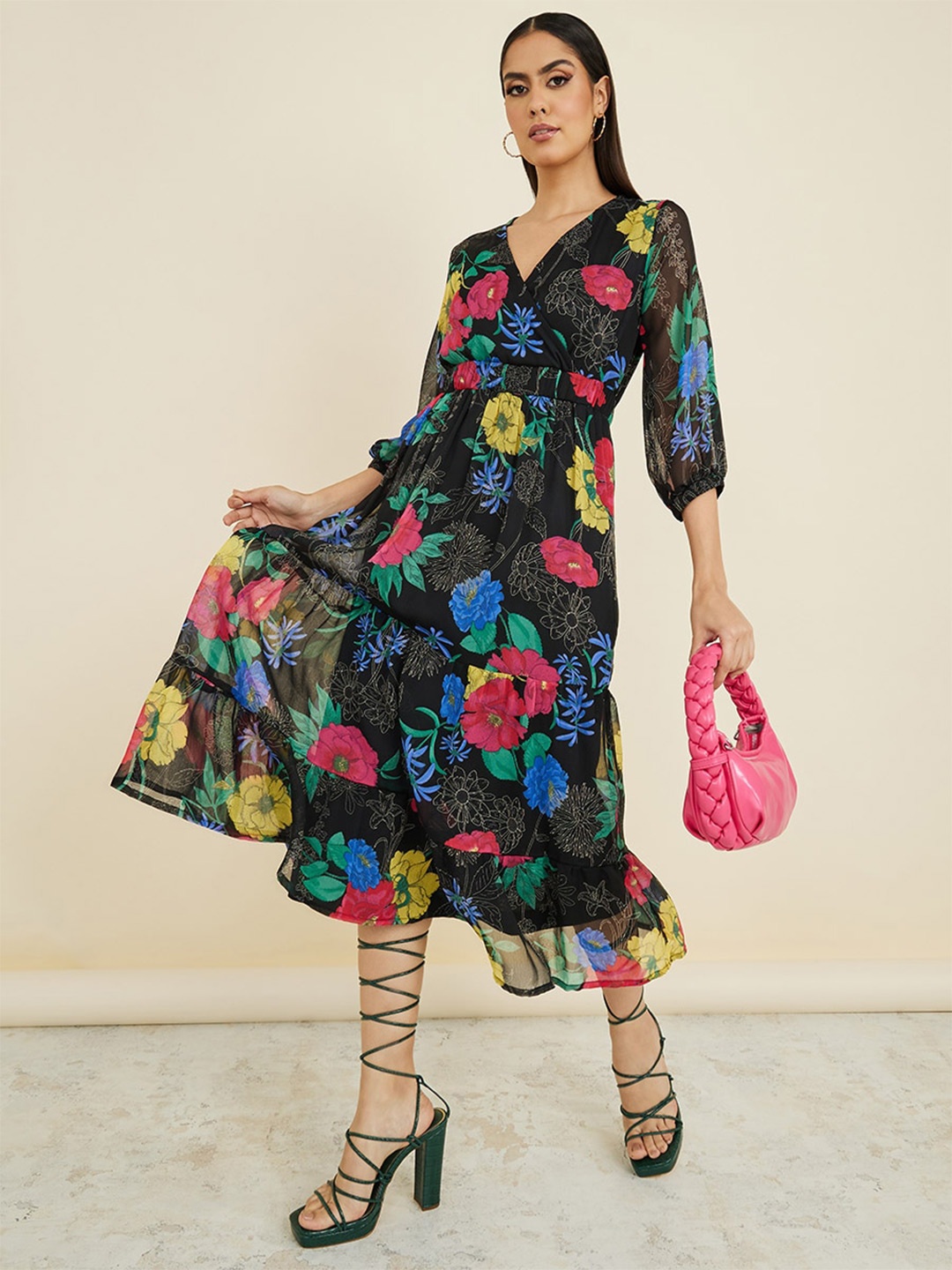 

Styli Floral Printed Wrap Style Midi Dress, Black