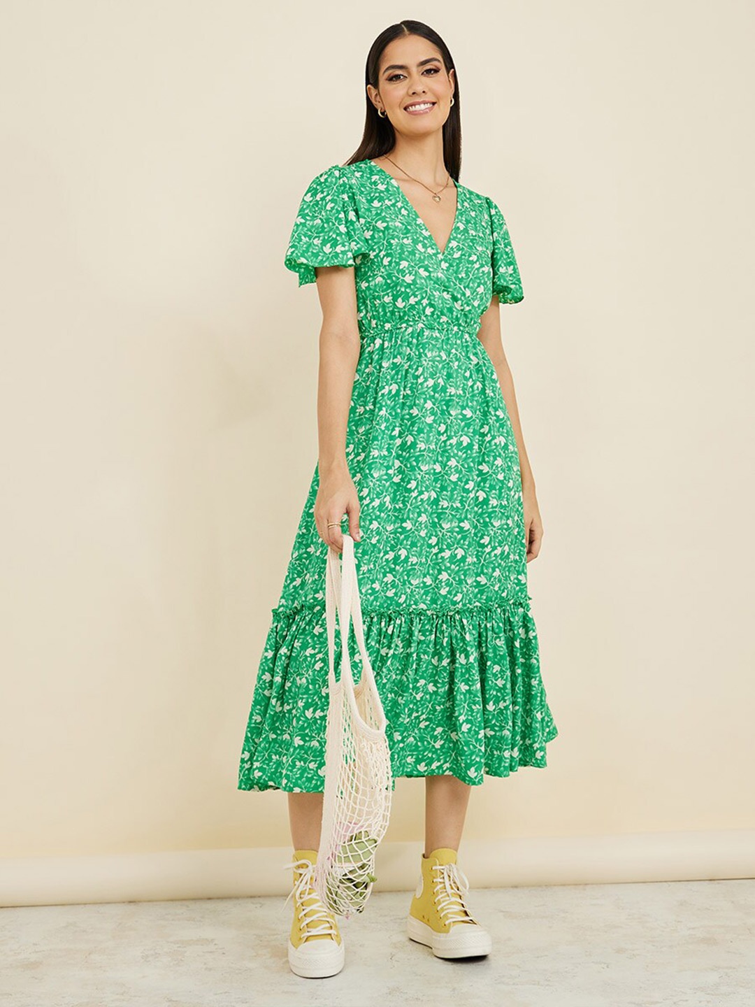 

Styli Floral Printed A-Line Midi Dress, Green