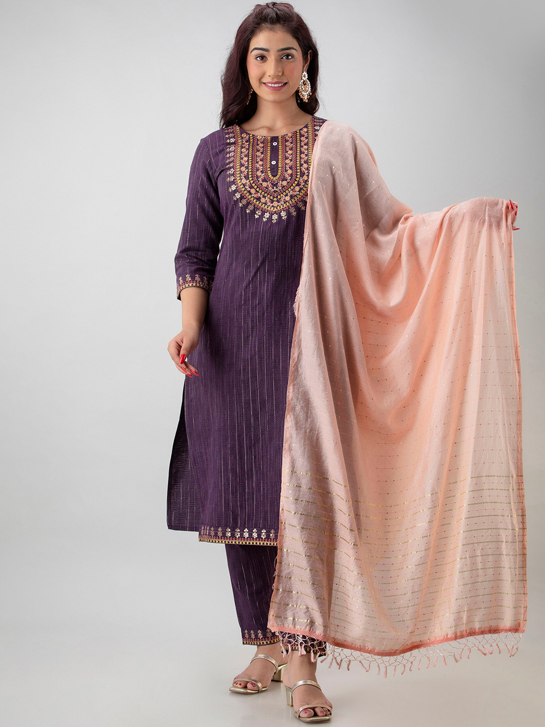 

CKM Women Ethnic Motifs Embroidered Thread Work Kurta With Trousers & Dupatta, Purple
