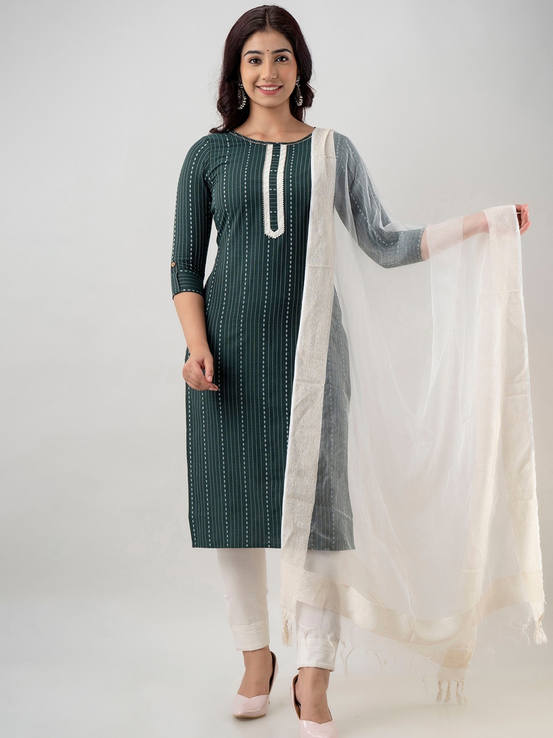 

CKM Women Striped Kurta with Trousers & Dupatta, Green