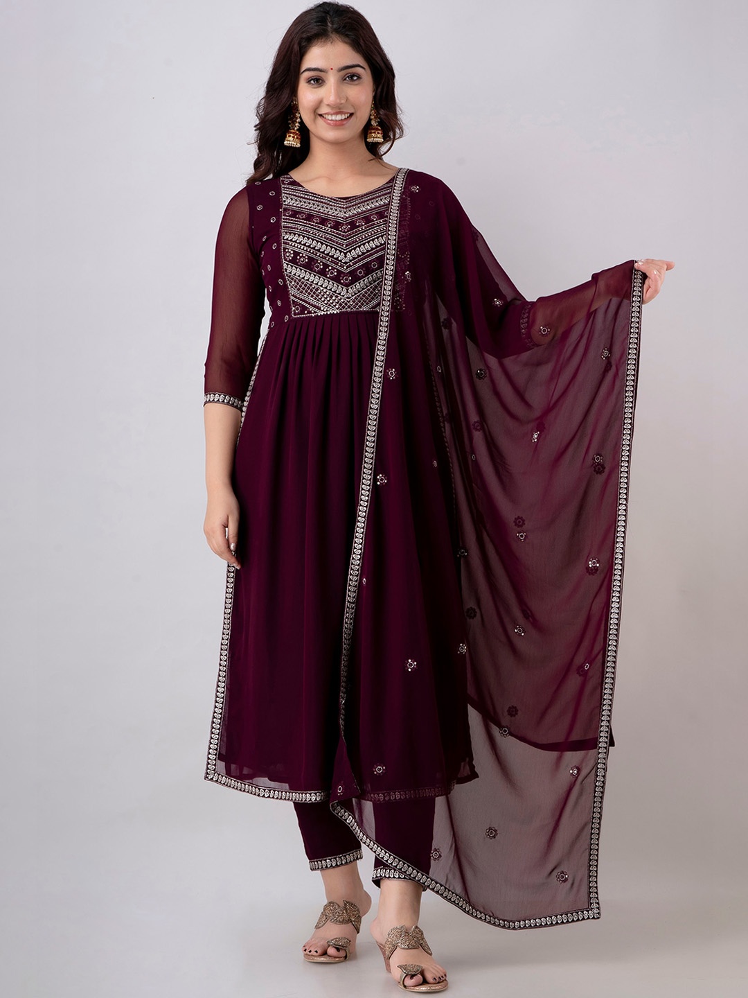 

CKM Women Embroidered Pleated Sequinned Kurta with Trousers & Dupatta, Violet