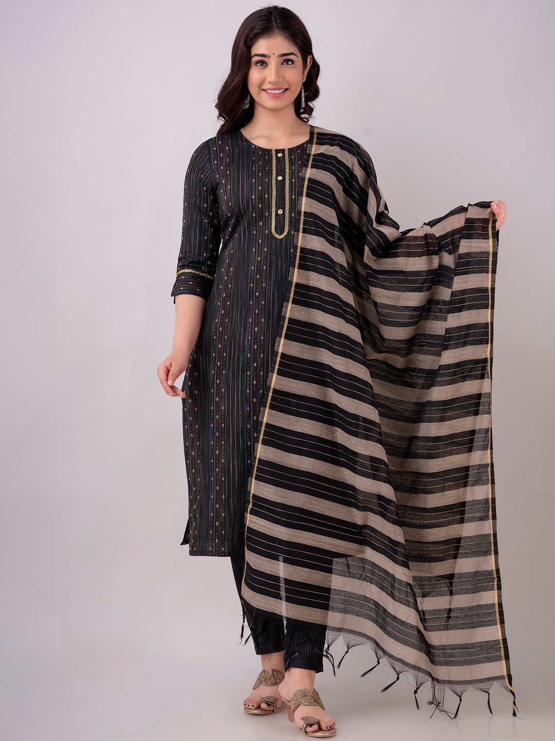 

CKM Women Striped Kurta with Trousers & With Dupatta, Black