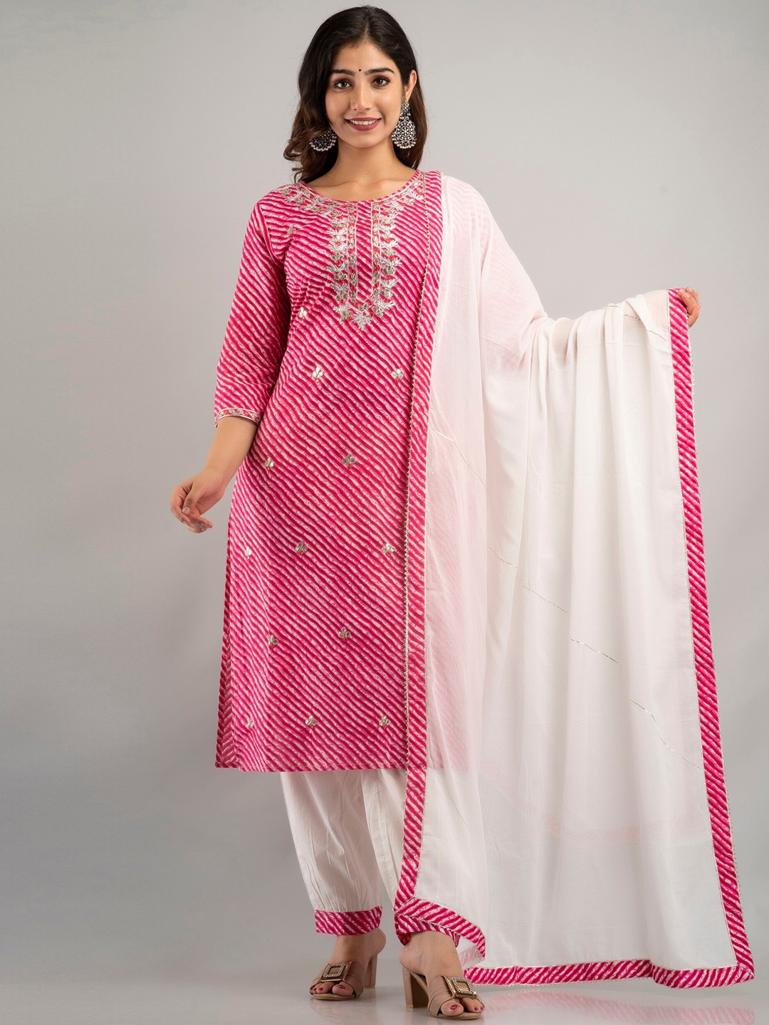 

CKM Leheriya Printed Mirror Work Pure Cotton Kurta with Trousers & Dupatta, Pink