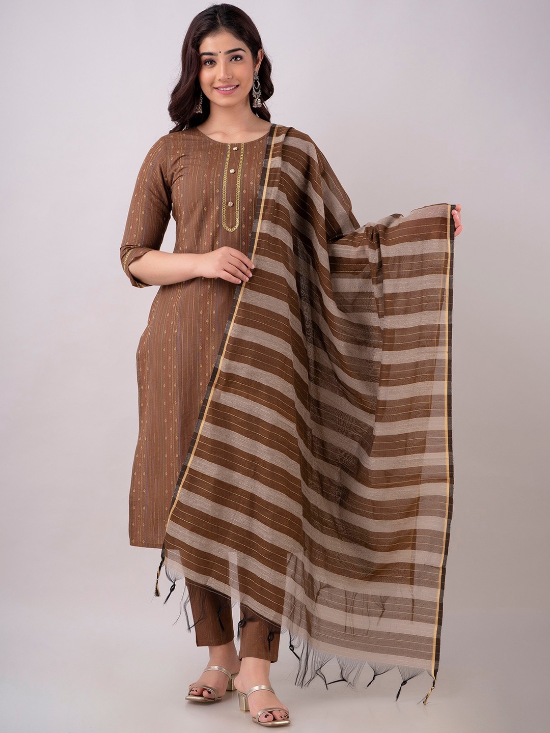 

CKM Women Ethnic Motifs Printed Beads And Stones Kurta With Trousers & Dupatta, Brown