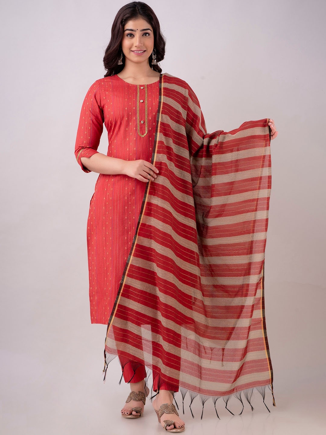 

CKM Ethnic Motifs Printed Thread Work Kurta with Trousers & With Dupatta, Red