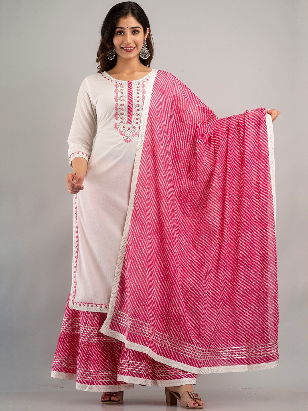 

CKM Women Ethnic Motifs Embroidered Pure Cotton Kurta With Sharara & Dupatta, White