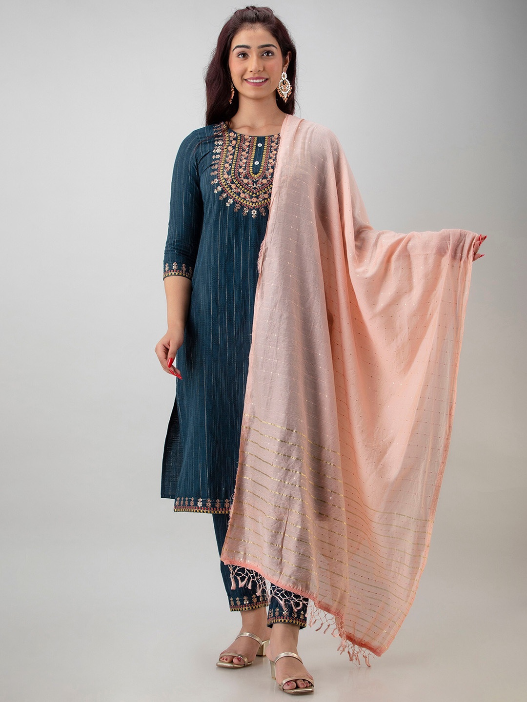 

CKM Ethnic Motifs Embroidered Sequinned Cotton Kurta with Trousers & With Dupatta, Teal