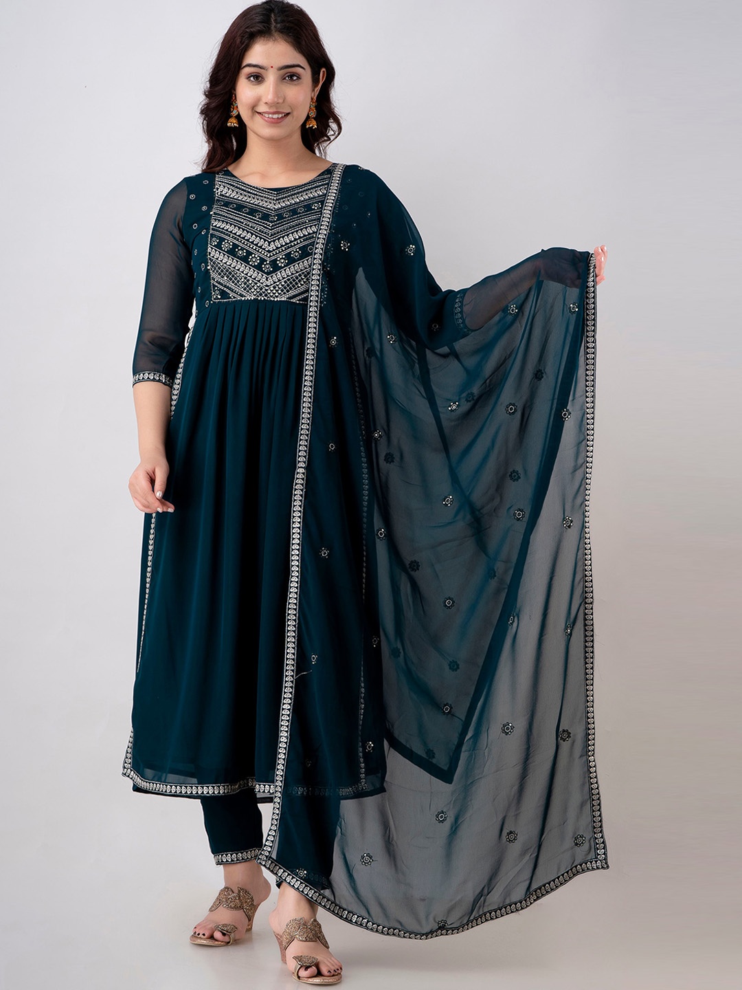 

CKM Women Ethnic Motifs Embroidered Sequinned Kurta With Trousers & Dupatta, Turquoise blue