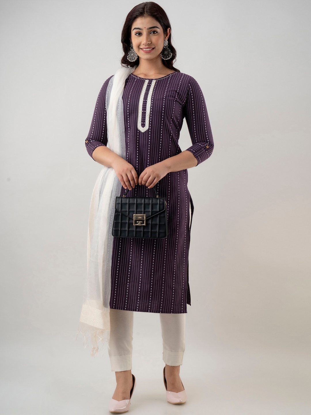 

CKM Women Striped Kurta with Trousers & With Dupatta, Purple