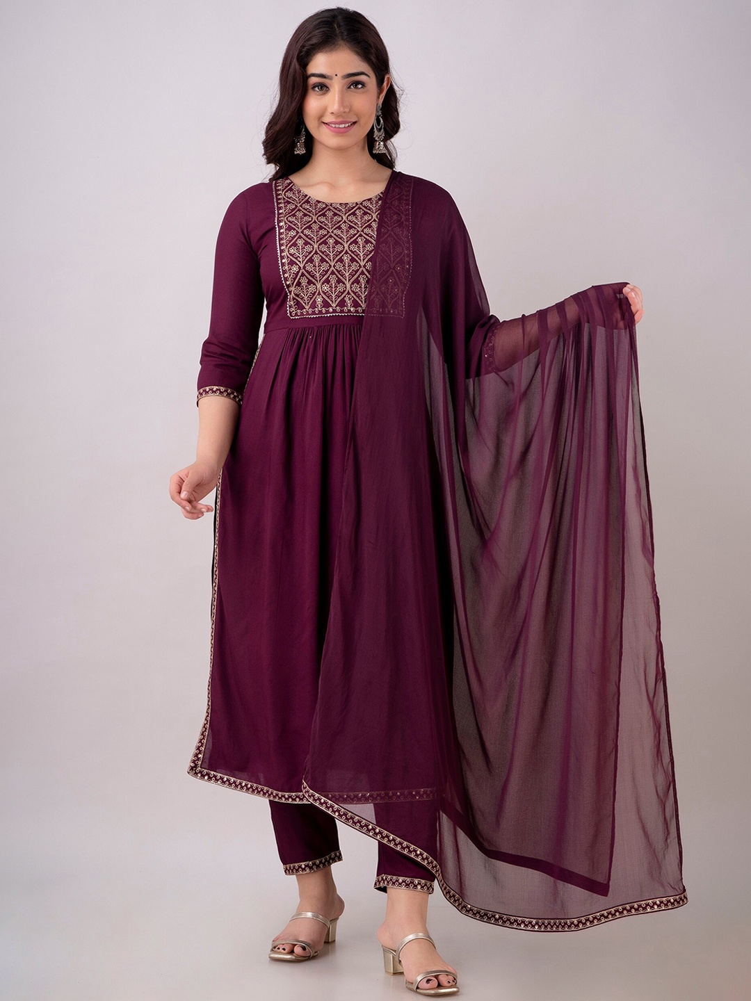 

CKM Floral Embroidered Pleated Gotta Patti Kurta with Trousers & With Dupatta, Violet