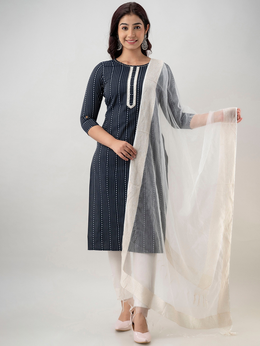 

CKM Women Striped Kurta with Trousers & With Dupatta, Blue