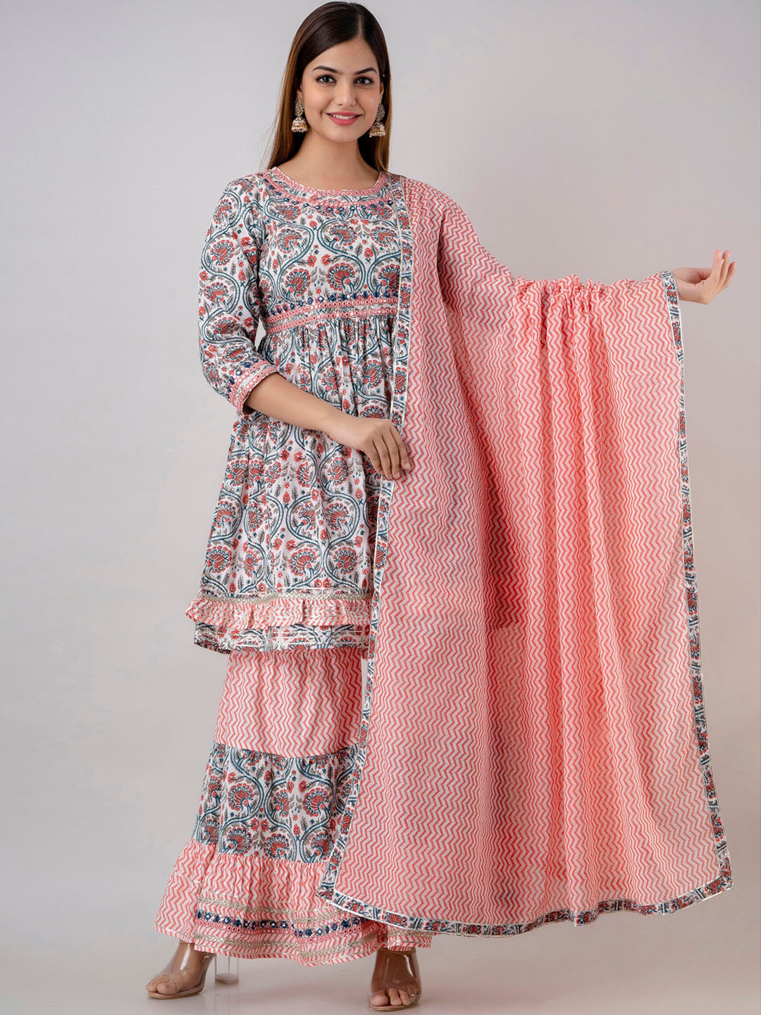 

CKM Women Floral Printed Mirror Work Pure Cotton Kurta With Sharara & Dupatta, White