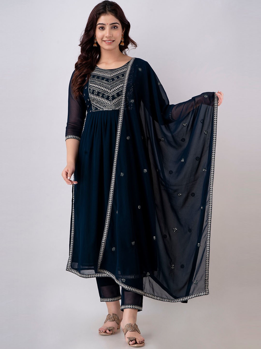 

CKM Women Ethnic Motifs Embroidered Kurta with Trousers & With Dupatta, Teal