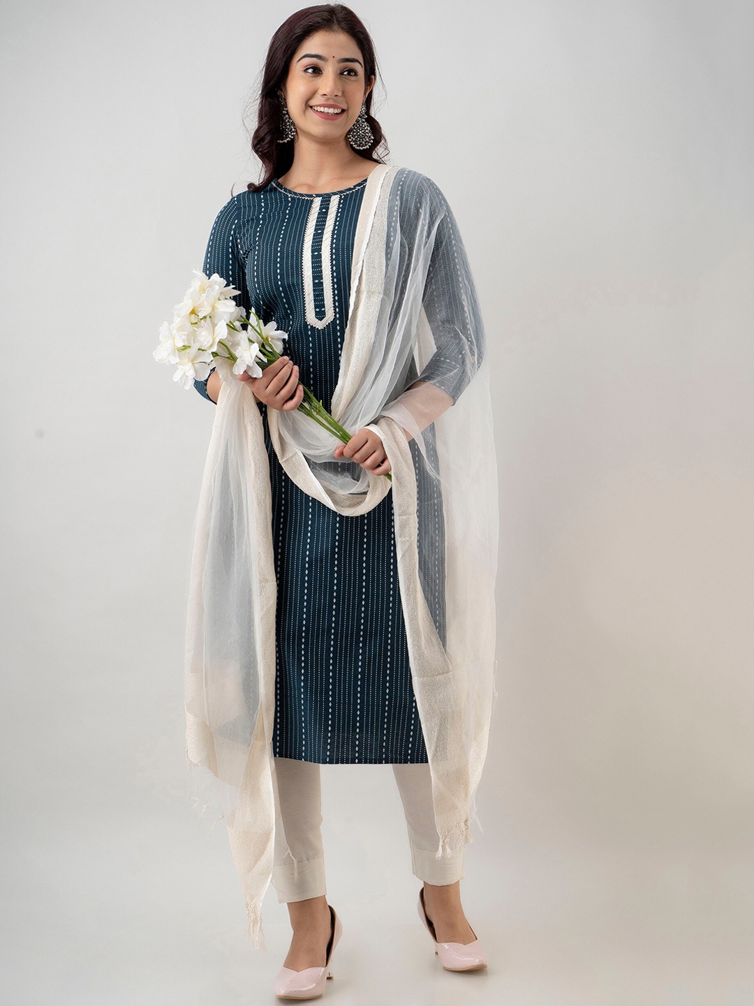 

CKM Women Striped Kurta with Trousers & With Dupatta, Sea green