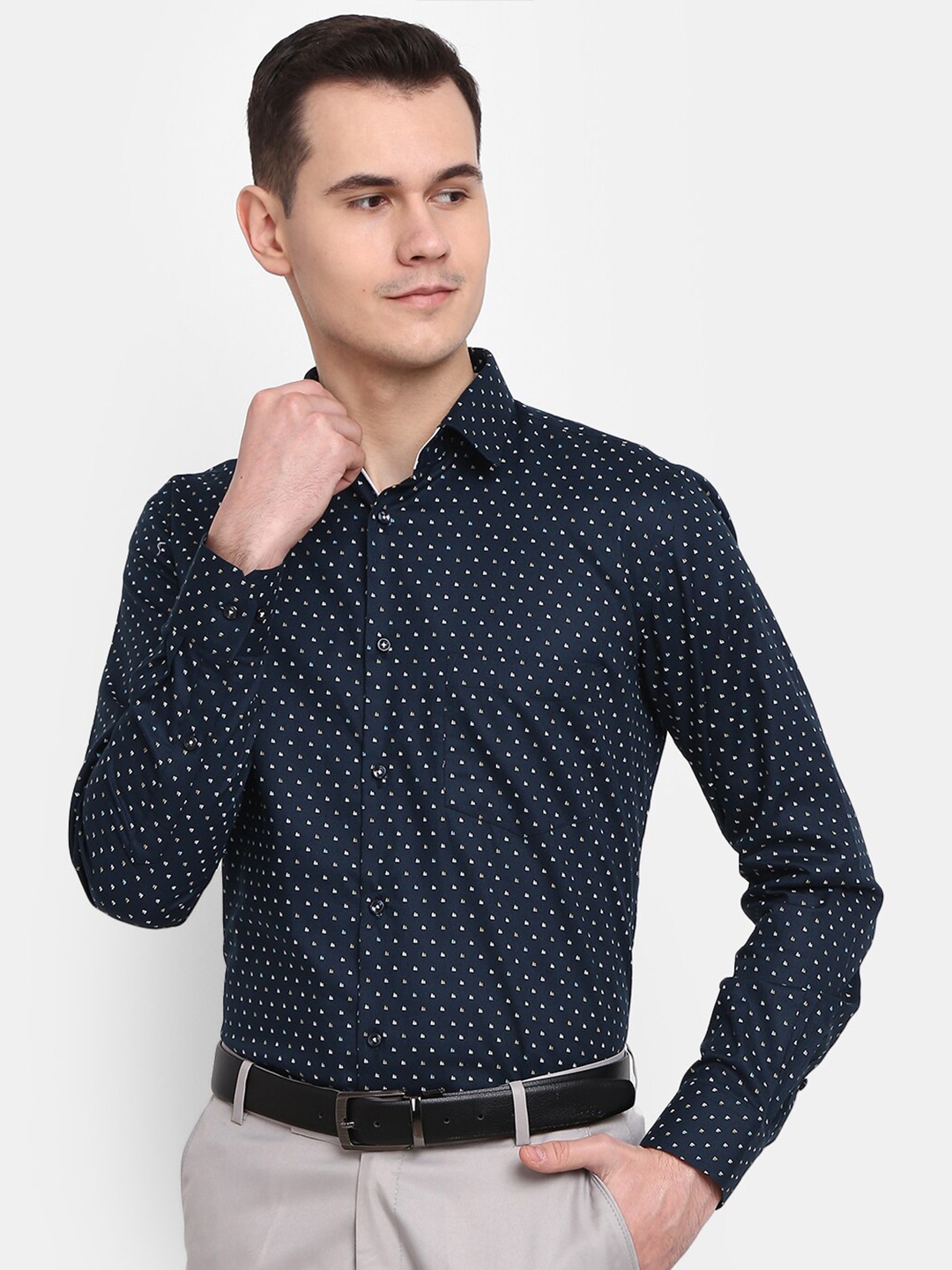

J White by Vmart Men Printed Spread Collar Formal Cotton Shirt, Navy blue