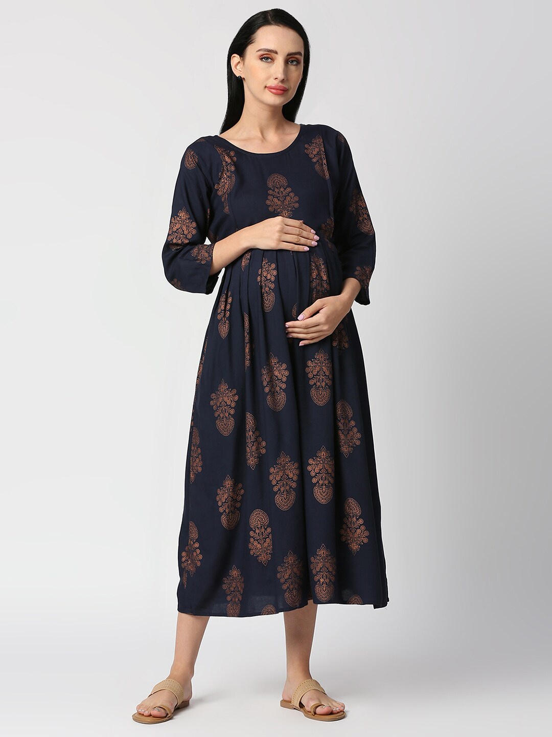 

Aanyor Navy Ethnic Motifs Maternity Midi Cotton Dress, Navy blue