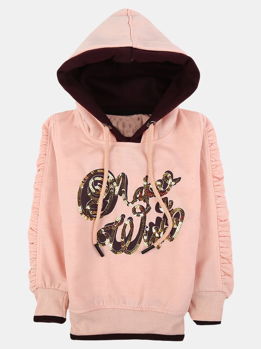 

V-Mart Girls Wool Printed Hooded Sweatshirt, Peach