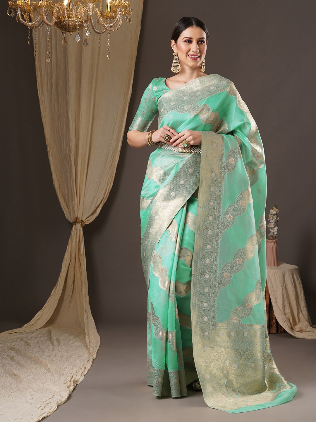 

Anouk Sea Floral Woven Design Zari Organza Banarasi Saree, Sea green