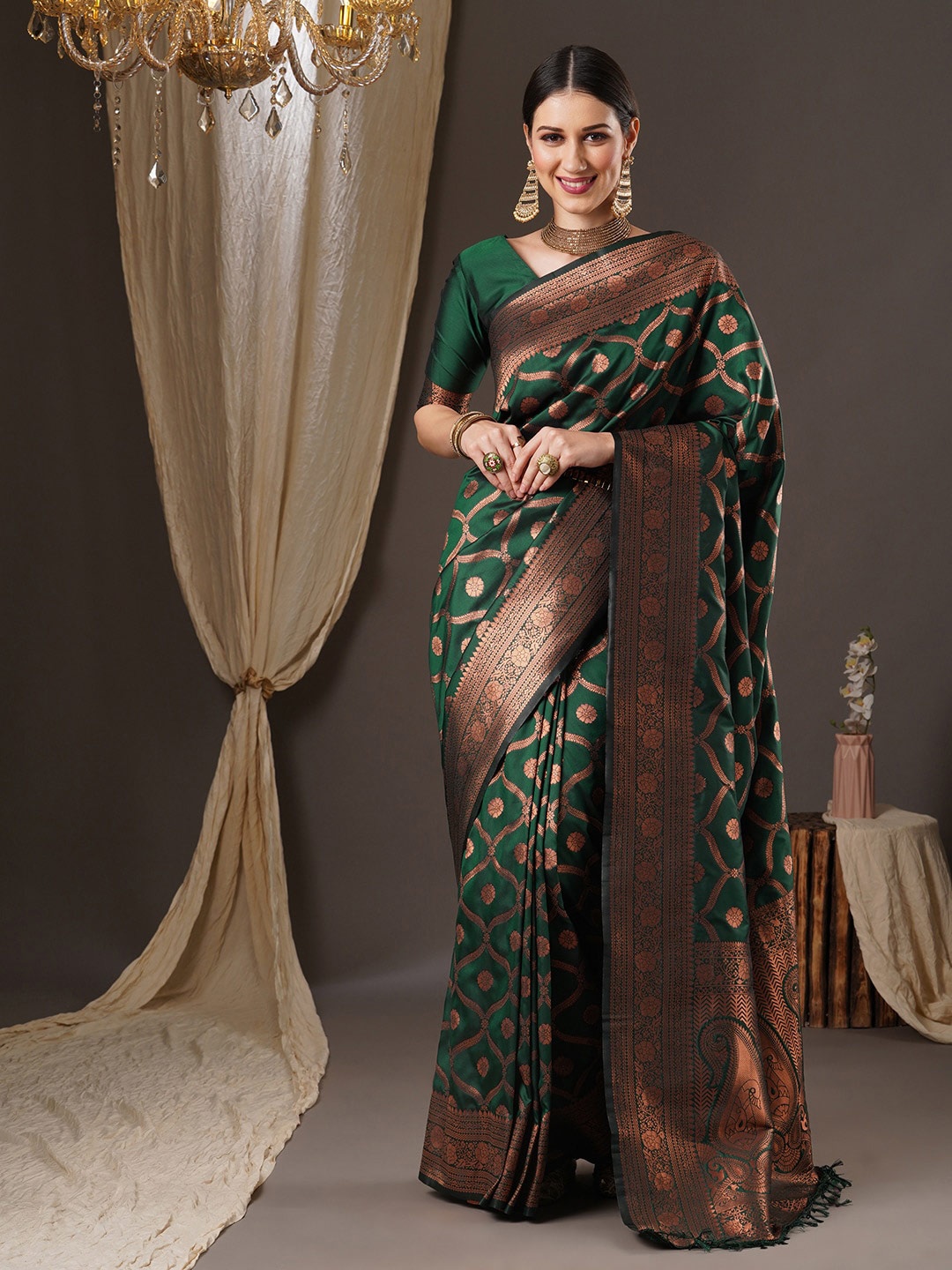 

Anouk Woven Design Zari Silk Blend Banarasi Saree, Green